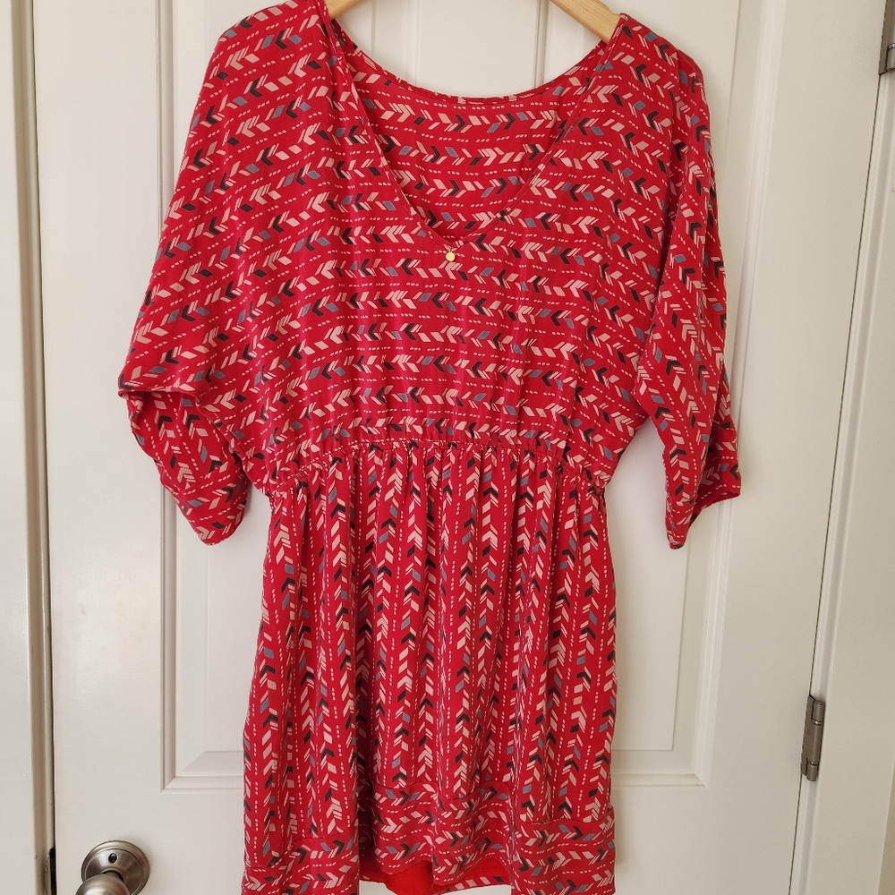 Harlyn Silk Red Mini Dress Boho Western Cowgirl Aztec Print Pretty Cute Large - Picture 3 of 17